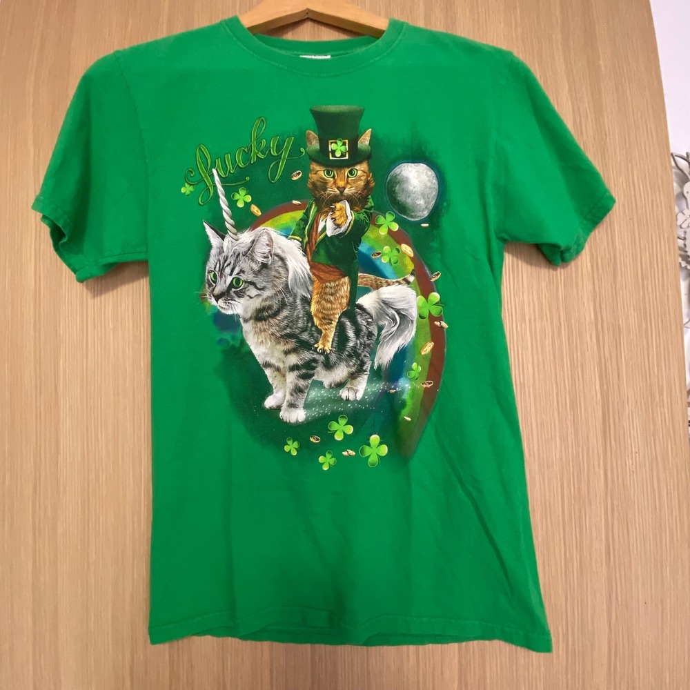 Lucky Unisex Small T Shirt Green Leprechaun Cat Riding Caticorn St Patricks Day